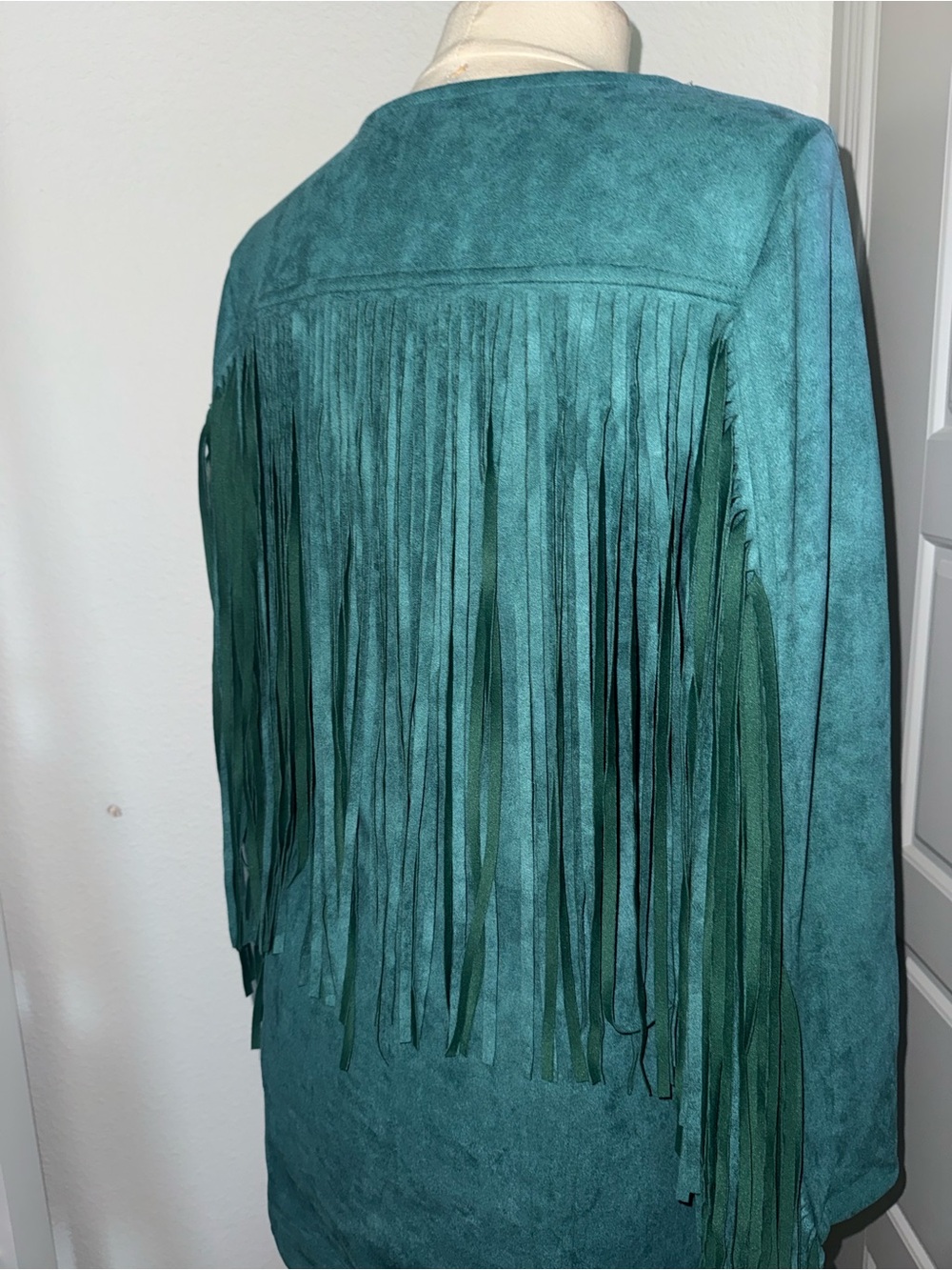 Boho Cowgirl Teal V-Neck Vegan Suede Fringe Mini Dress - Picture 6 of 15